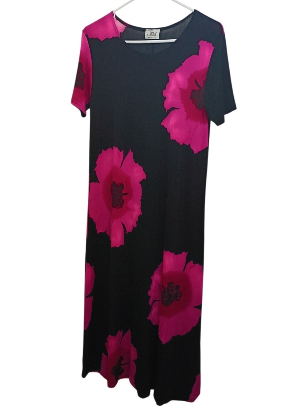 Black Maxi Dress with Pink Floral Print Short Sleeve Floral Dress Size Small